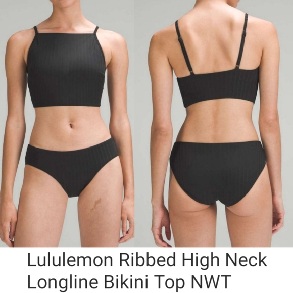Lululemon Ribbed High Neck Longline Swim Bikini Top NWT Black SportyCropped 6